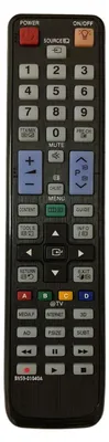 A close-up shot of a black TV remote control.