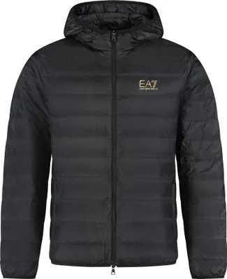 A black puffer jacket with a gold EA7 logo on the chest.