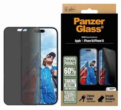 Zdjęcie produktu dla PanzerGlass ® 2-Way Privacy Screen Protector iPhone 16 | 15 | Ultra-Wide Fit w. EasyAligner, Apple, Apple - iPhone 16, Apple - iPhone 15, Aplikacja na sucho, Odporny na zadrapania, Odporny na wstrząsy, Przezroczysty, 1 szt.