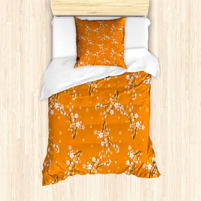 Produktbild von ABAKUHAUS Blumen Bettbezug Set, Blühende Kirschbaum-Blumen auf Niederlassungen Frühlings-Saison-Natur-Thema-Muster, 135 x 200 cm + 80 x 80 cm, Orange Weiß Braun
