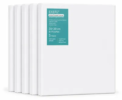 Zdjęcie produktu dla EXERZ, zestaw 5 sztuk płócien na ramie, 20x20 cm – płótno artystyczne, 100% bawełna, 280 g/m², grubość 1,7 cm, potrójnie gruntowane, bezkwasowe, średnioziarniste – idealne do malarstwa akrylowego i olejnego