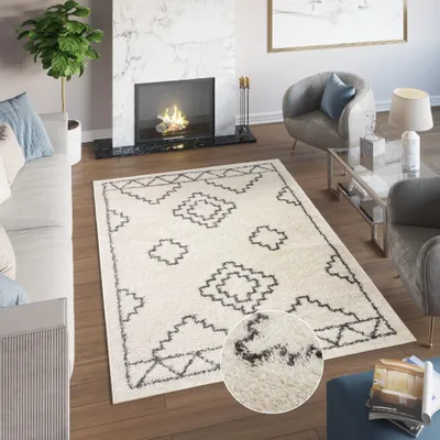 Produktbild von Teppich Wohnzimmer Schlafzimmer Modern Design Shaggy Hochflor Langflor Creme Grau  160 x 220 cm