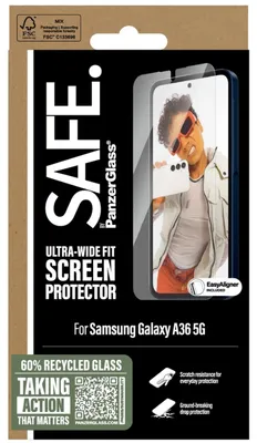 Produktbild von PanzerGlass SAFE. by ® Displayschutz Samsung Galaxy A36 5G | Ultra-Wide Fit m. EasyAligner, Samsung, Samsung - Galaxy A36 5G, Trockene Anwendung, Kratzresistent, Schockresistent, Transparent, 1 Stück(e)