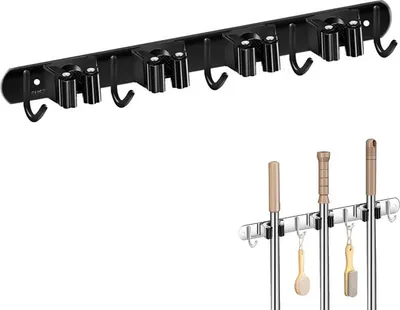 Produktbild von ZELURXX Mop Halter, 4 Moppklammern und 5 Haken, Wandaufbewahrung ohne Lochung, verwendbar in Garten, Garage, Lager, Haus, Besenhalterung, 43 x 2,9 cm