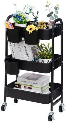 Produktbild von Unyqoos® Metall-Rollwagen mit 3 Ablagen, 4 Rollen (2 feststellbar), 40 × 30 × 70 cm, verstärktes Metall, je Ebene 15 kg – vielseitiger Aufbewahrungswagen