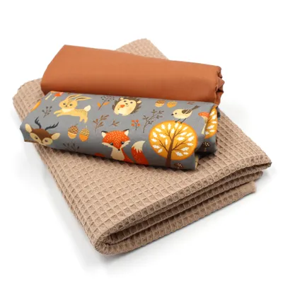 Produktbild von Waldtiere Set01 Waffelstoff Set  1x Waffelstoff + 2x  Baumwollstoff Druck und Uni  je 0,5m x 1,5m Stoffpaket DIY Projekt