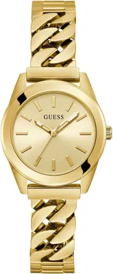 A close-up studio shot of a gold-colored Guess watch.