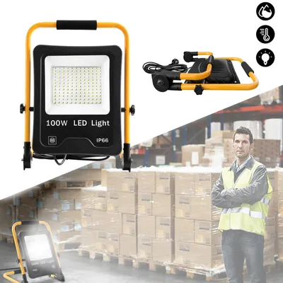 Immagine prodotto di VA-Cerulean, faretto da cantiere a LED, 100W, 6500K (bianco freddo), grado di protezione IP66, cavo da 3 metri, base di supporto e maniglia per il trasporto, adatto per interni ed esterni