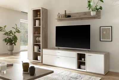Produktbild von Wohnwand >SANTERNO< (3-teilig) in weiss / Eiche Nachbildung - 264x197x50 (BxHxT)