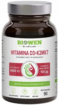Suplement diety naturalny Biowen D3 K2 MK7 90kaps Witaminy 4000IU odporność