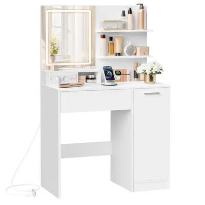 A white vanity table with a lighted mirror, shelves, and storage.