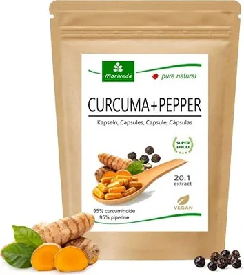 Obrázek produktu pro MoriVeda® Curcuma + Pepper Extract Capsules | 10 000 mg kurkumy v jedné kapsli | 95 % kurkuminu, 95 % piperinu | veganské, bezlepkové, bez laktózy | nejvyšší biologická dostupnost