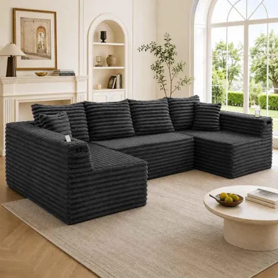 Zdjęcie produktu dla Sofa w kształcie litery U z tkaniny corduroy, 6-osobowa, z uchwytami na napoje i kieszeniami bocznymi, sprężynowa, ergonomiczna, 4 poduszki oparcia, 2 poduszki dekoracyjne, do salonu, kolor ciemnoszary