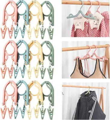 Productafbeelding van Opvouwbare Kledinghangers 12 Stuks, met 24 Kledingclips, Ruimtebesparend, voor Reis, Thuis