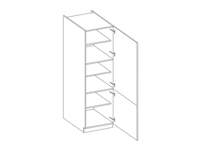 A line drawing of a tall, narrow cabinet with its doors open, revealing multiple shelves.