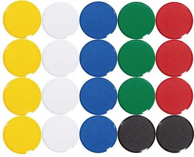 Produktbild von MAUL Magnet MAULpro rund 20 Stück 0,3 kg Kunststoff Ferrit bruchsicher erodiert lackiert Ø 2 x 0.75 cm weiß blau gelb grün rot schwarz