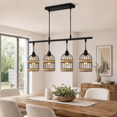 Obrázek produktu pro Závěsné svítidlo, jídelní stůl, 4 žárovky, ratan, lampa na jídelní stůl, výškově nastavitelná, s LED žárovkami E27, průmyslové závěsné svítidlo do kuchyně, jídelny nebo baru