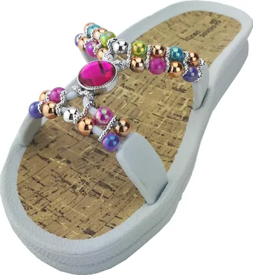 Produktbild von Scarpa Damen Pantoletten Weiß mit zwei Riemen, bunten Perlen und flacher Sohle