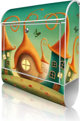 Produktbild von banjado Design Briefkasten Stahl weiß mit Zeitungsfach pulverbeschichtet "Zwergenhausen" 38x46x12,5cm & 2 Schlüssel - Postkasten A4 Einwurf inkl. Montagematerial [BKW 11103]