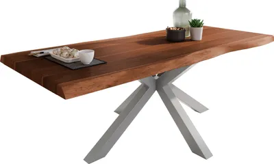 Produktbild von Esstisch Baumkante massiv Akazie Nussbaum 220 x 100 Spider-Gestell silber ATLAS