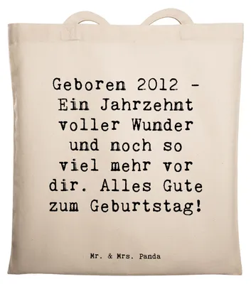 Produktbild von Mr. & Mrs. Panda Shopping Tasche Spruch 2012 Geburtstag - Transparent - Geschenk, Geburtsjahr, Alter, Tote Bag, Einkaufstasche, Happy Birthday, Erinnerungen, Jutebeutel
