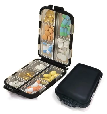 Immagine prodotto di Contenitore per pillole da viaggio, organizer a due scomparti, 10 vani, colore nero