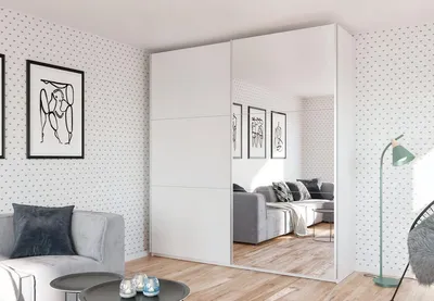 Produktbild von Kleiderschrank Rodos mit Spiegel 225 cm, Schwebetürenschrank, Garderobeschrank Schlafzimmer; Wohnzimmerschrank; Korpus Schrank Farbe: Graphit; Farbe der Schrankfront: Graphit