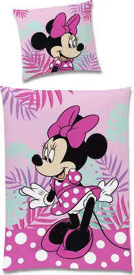 A bedding set featuring Minnie Mouse with a tropical leaf pattern.
