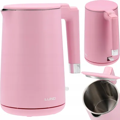 A collage of images showing a pink electric kettle from different angles, including a close-up of the interior.