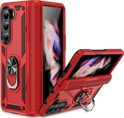 Produktbild von Conie Outdoor Schutzhülle für Samsung Galaxy Z FOLD 5 Tasche Silikon Hard Case Cover Hülle mit Halter Ständer in Rot