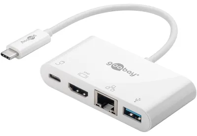 Productafbeelding van goobay USB-C multiport adapter HDMI + Ethernet/PD, wit (1 stuks, verpakking)