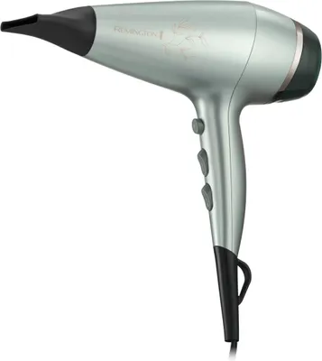 A silver Remington hair dryer with a black nozzle and handle, set against a white background.