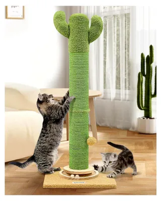 Produktbild von Kratzstamm Kaktus Grün XXL, Höhe 94 cm, mit 10 cm dicker Sisal-Kratzsäule, Holz-Trackingball und hängenden Plüschbällen, stabil für große Katzen zum Kratzen und Spielen in Innenräumen