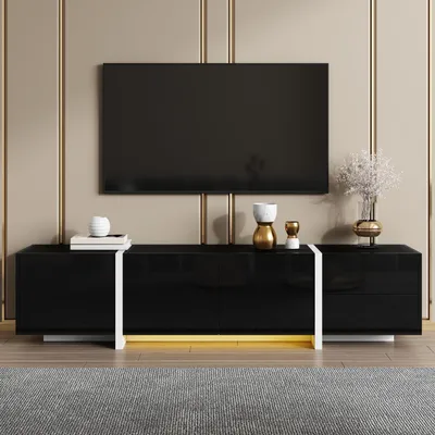Zdjęcie produktu dla Szafka RTV, niski stolik pod telewizor z drzwiczkami i szufladami, 170x30x39 cm, kolor czarny