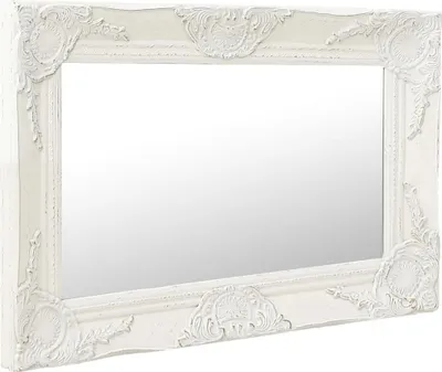 A white baroque-style mirror is shown against a white background.