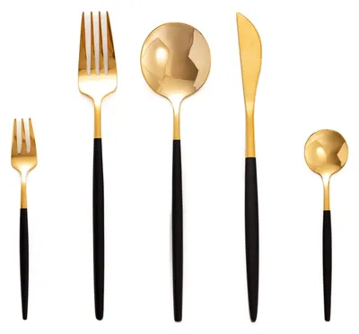 Produktbild von 60-teiliges Besteckset in Schwarz und Gold für 12 Personen