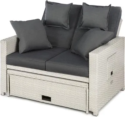 Produktbild von blumfeldt Komfortzone - Gartensofa, Terrassen-Sofa, Rattan-Sofa, 2 Personen, Sitzpolster, stabiles Stahlrohr, ausziehbarer Fußteil, klappbare Rückenlehne, bis 200 kg, inkl. 2 x Kissen, weiß