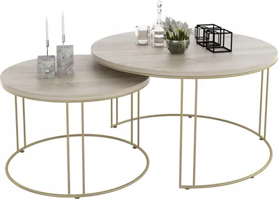 Zdjęcie produktu dla Zestaw Okrągłych Stolików Kawowych 2w1 Salon Loft Złoty+Dąb Sonoma