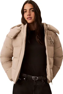 Productafbeelding van Calvin Klein dames pufferjas, model Matte Monologo met capuchon, grijs (Crockery), maat 2XL