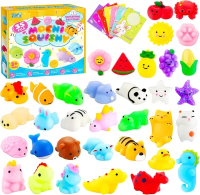 Produktbild von 35 Stück Squishy mit Karten, Keine Dopplungen Mochi Fidget Spielzeug Kawaii Squishy Toys Set, Mini Squishies für Adventskalender Kindergeburtstag
