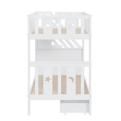 Produktbild von Flieks Etagenbett 90x200cm mit 2 Schubladen, Kinderbett Hochbett mit Treppe, Stockbett Holzbett mit Lattenrost und Rausfallschutz, Weiß