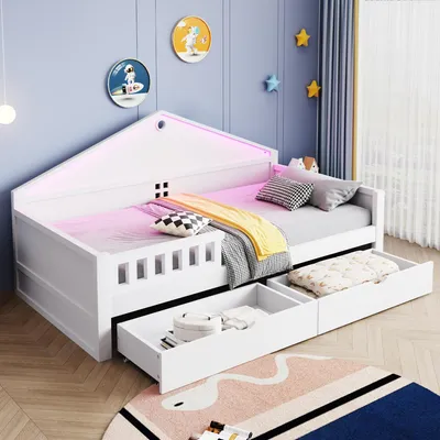 Produktbild von Kinderbett 90×200 cm, mit Lichtleiste, Schubladen, Lattenrost, Einzelbett, Jugendbett