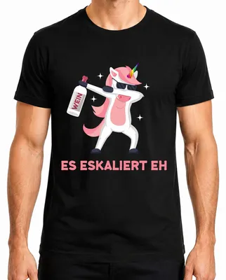 Productafbeelding van "Eskaliert"-shirt met een afbeelding van een eenhoorn, wijn, en een tekst die verwijst naar een vrijgezellenfeest, voor heren, zwart, maat M