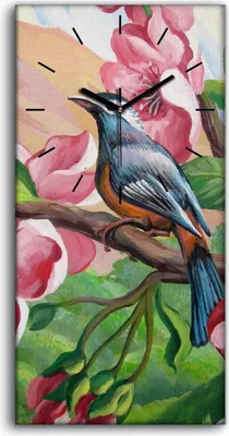 Produktbild von Wohnzimmer-Bild Leinwand Uhr 30x60 Gemälde Abstrakter Zweig Blumen Tier Vogel - schwarze Hände