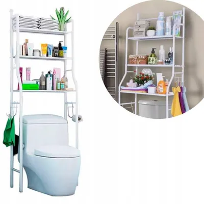 Image de Meuble WC salle de bain 3 étagères blanc, support sur pied avec crochets, sans perçage, pour petite salle de bain