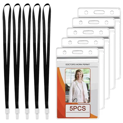 Produktbild von 5-teiliges Ausweishalter-Set mit Lanyard, wasserdichter Ausweishalter, transparente Ausweishalter mit Lanyard, vertikaler Ausweishalter aus Kunststoff für Visitenkarten (schwarz)