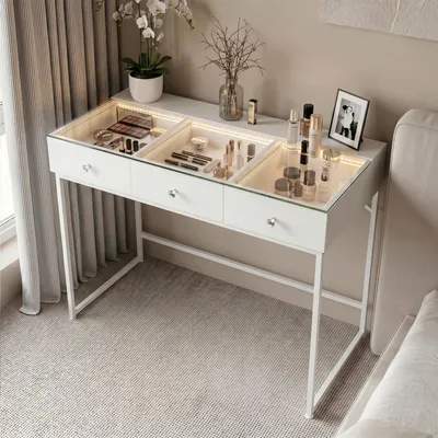 Image de VANITII Coiffeuse de style moderne avec éclairage LED réglable, trois tiroirs et grand espace de rangement. Blanche. Dimensions : 115 x 55 x 81 cm.