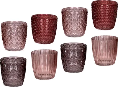 Produktbild von 8er Set Windlicht H7,5cm Glas Rosa Rot Teelichthalter Tischdeko Kerzen Retro Deko