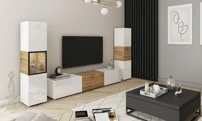 Produktbild von MINIO Wohnwand BRELA III, 3-teilig,  TV Board mit Vitrine und Schrank - Weiß / Wotan Eiche / Weiß Hochglanz