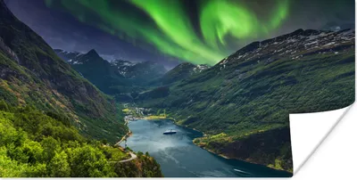 Produktbild von MuchoWow® Poster Nordlichter - Berg - Boot - Norwegen 40x20 cm - Poster für die Wand - Poster Schlafzimmer